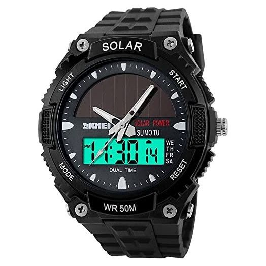 Fanmis Men's Solar Powered Casual Quartz Wrist Watch Analog Digital Multifunctional Black Sports Watch