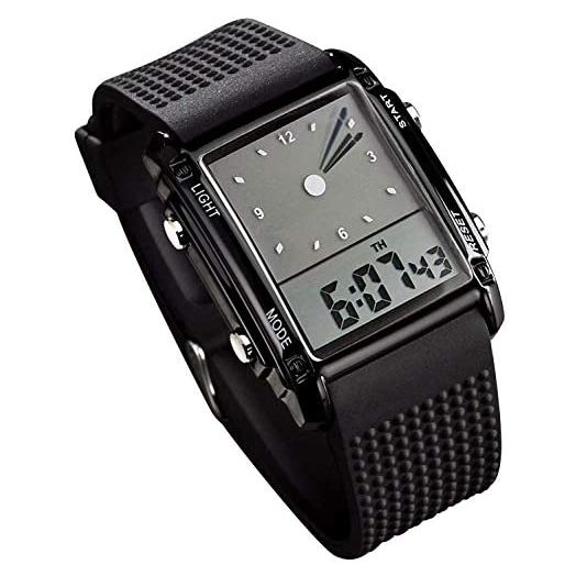 Men's Rectangle Dial Sports Wrist Watches with 7 Colors Optional LED Backlight Multifunctional Alarm Stopwatch 12/24H Rubber Strap Watch