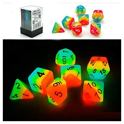 Bescon Fantasy Rainbow Glowing Polyhedral Dice 7pcs Set Midnight Candy, Luminous RPG Dice Set Glow in Dark