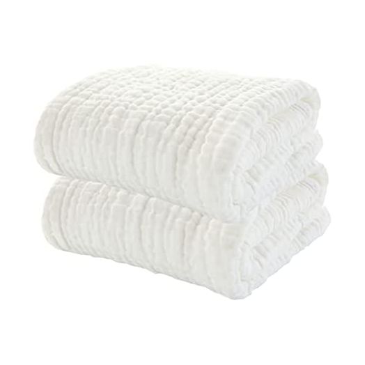 YEBON ProC 2Pcs Baby Muslin Bath Towels, Super Soft Cotton Bath Towel 6 Layers Infant Newborn Swaddle Blanket 41.3 X41.3 Inches,Baby Registry as Shower (White)