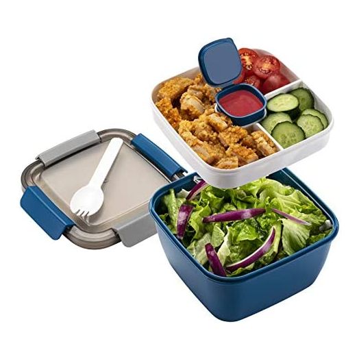 Freshmage Salad Lunch Container To Go, 52-oz Salad Bowls with 3 Compartments, Snacks, Men, Women (Blue)