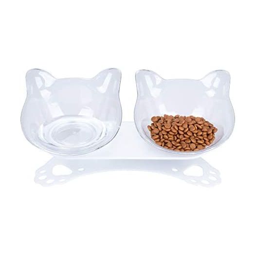 Pantula Anti Vomiting Cat Bowls - Elevated Tilted 15° Cat Food Bowl, Raised Plastic Cat Dishes with Non-Slip Rubber Base Stand Kitty Bowl for Cats