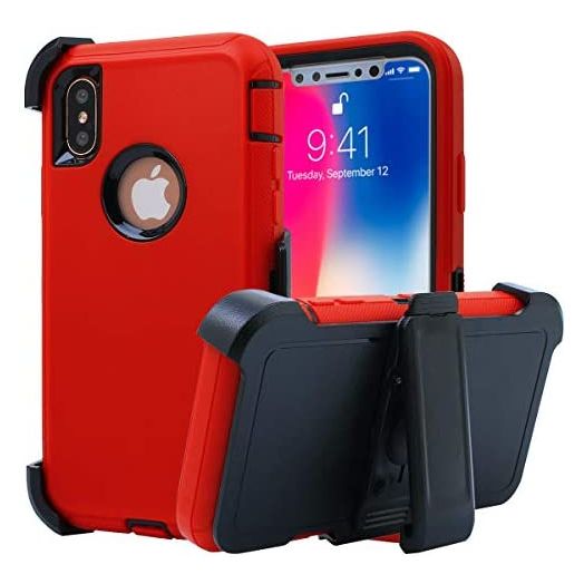 AICase iPhone X/XS Case, 3 in 1 Scratch Resistant, Drop Proof Heavy Duty Soft TPU+ Hard PC Hybrid Truly Shockproof Armor Protective for iPhone X/XS, Red/Black(with Belt Clip)