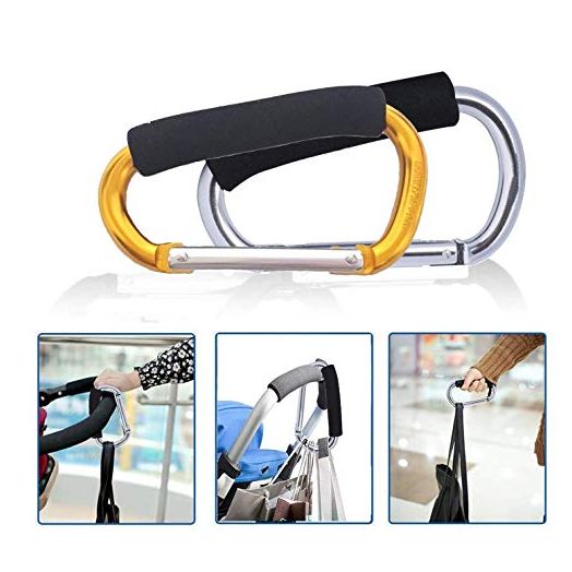 Large Stroller Hooks for Mommy, 2 pcs Carabiner Stroller Hook Organizer for Hanging Purses, Diaper Bag, Shopping Bags. Clip Fits Single/Twin Travel Systems, Car Seats (Silver+Golden Yellow)
