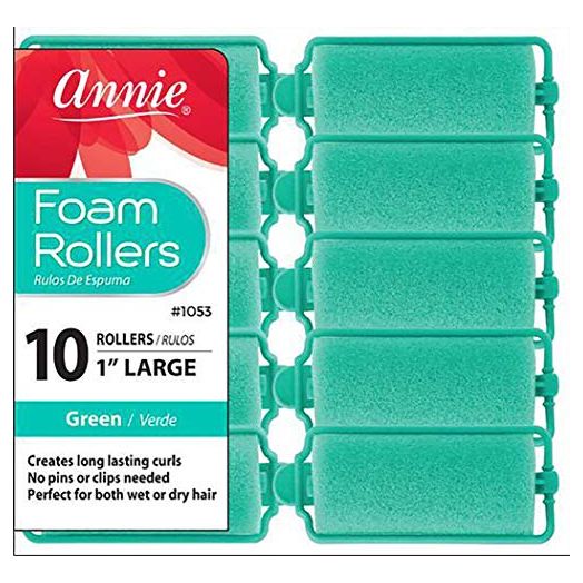 Annie Salon Style Large Foam Hair Rollers, 1" Green, 10 Piece Set, Soft Heat-less Hair Curling Tools