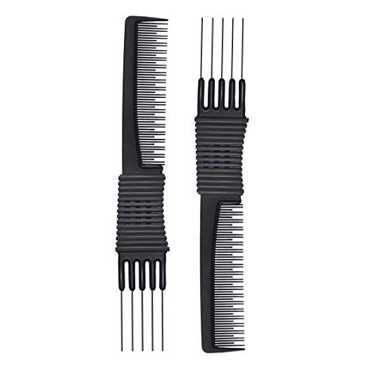 2pcs Black Carbon Lift Teasing Combs with Metal Prong, Salon Teasing Lifting Fluffing Comb with 5 Stainless Steel Pins