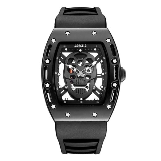 Watches for Men Luxury Skeleton Skull Rectangle Dial, Luminous Hands Men Wrist Watch, Japanese Quartz Movement with Silicone Band- Y2K Style