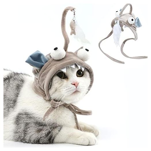 Head Mounted Cat Headgear Interactive Self-Service Adjustable Size Cat hat Feather Toy,Kawaii Design,Grey Bigeye Fish