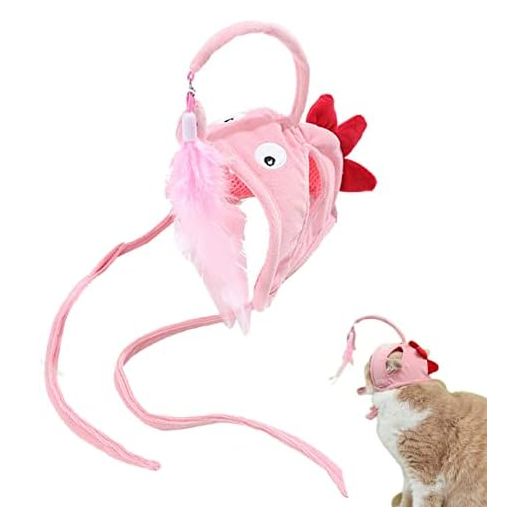 Head Mounted Cat Headgear Self-Service Adjustable Size Cat hat Feather Toy,Kawaii Design,Pink Dinosaur