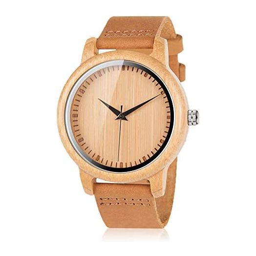 BOBO BIRD Men's Bamboo Wooden Watch with Brown Cowhide Leather Strap Japanese Quartz Movement Sports Casual Watches Gift with Box