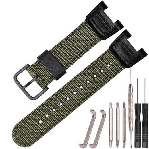 24mm Nylon Leather Watch Strap Compatible with Casio SGW-100 SGW100 Twin Sensor GW-3000 Men's Sport Watch Armygreen Replacement Band