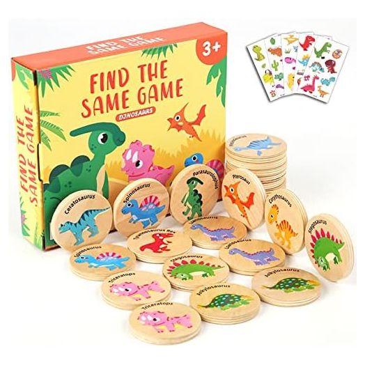 Wooden Match Memory Game for Kids, 24Pc Memory Matching Cards with 5Pc Tattoo Stickers, Educational Memory Matching Game for Pre-Kindergarten Early Learning Development Kids-Dinosaur