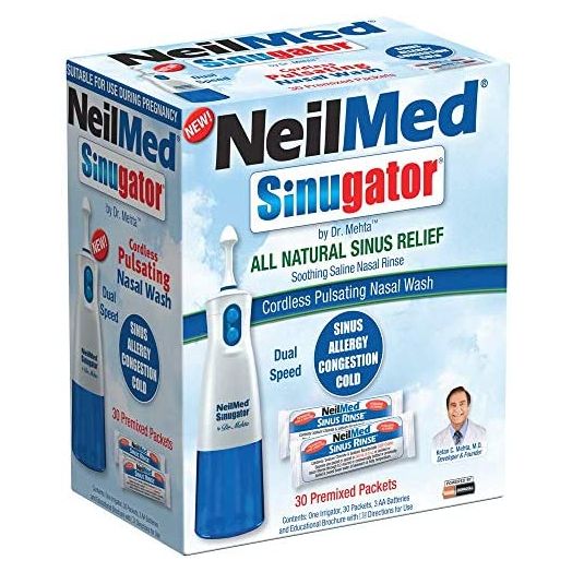 NeilMed Sinugator Cordless Pulsating Nasal Wash Kit with One Irrigator, 30 Premixed Packets and 3 AA Batteries