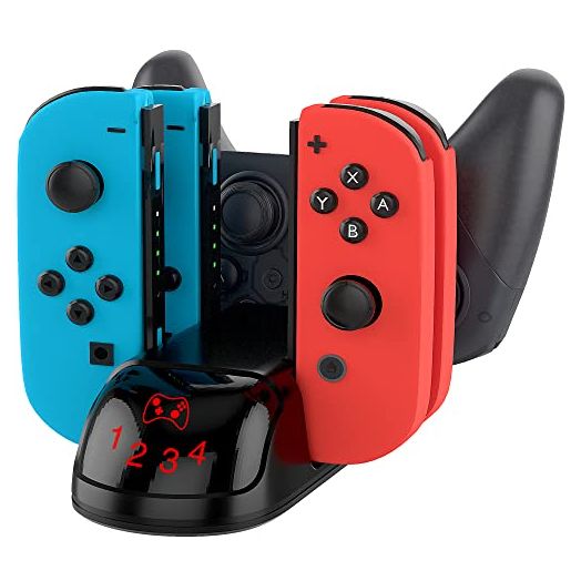 TALK WORKS Nintendo Switch + Switch OLED Controllers Charger Station 5 in 1 - Charging Dock for 4 Joy-Con Controllers and One Pro Controller - Power from Console Dock or USB Port - Includes 5ft USB-C to USB Cable