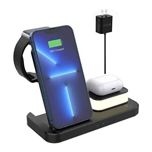 LONET Wireless Charging Station Compatible with Apple iWatch7/SE/6/5/4/3/2, 3 in 1 Wireless Charger with Night Light for Airpods 2/3/Pro/ iPhone13/Pro/Mini/Max/12/11/XS/XR/X/8 /and Samsung(Black)