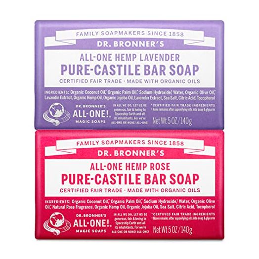 Dr. Bronner’s - Pure-Castile Bar Soap (2-Pack Bundle, Rose & Lavender) - Made with Organic Oils, For Face, Body and Hair, Gentle and Moisturizing, Biodegradable, Vegan, Cruelty-free, Non-GMO