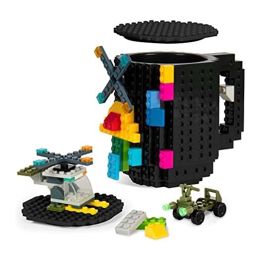 Build-on Brick Coffee Mug with Lid,Fubarbar Funny DIY Novelty Kid Cup with Building Blocks for Men Women Xmas Birthday(Black)