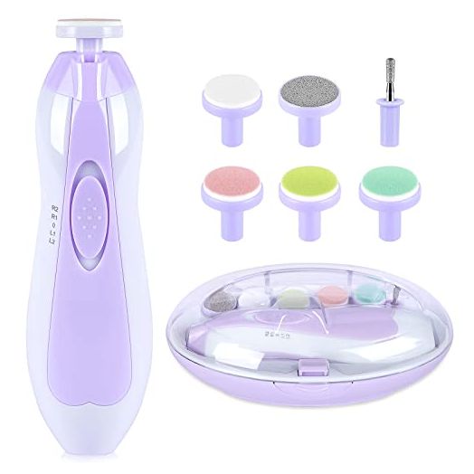 Qunlions life, Electric Nail File Drill for Baby No Sharp Claws Hurt, 6 in 1 Safety Cutter Trimmer Clipper for Toes and Fingers (Blue) (Purple-18 in 1)
