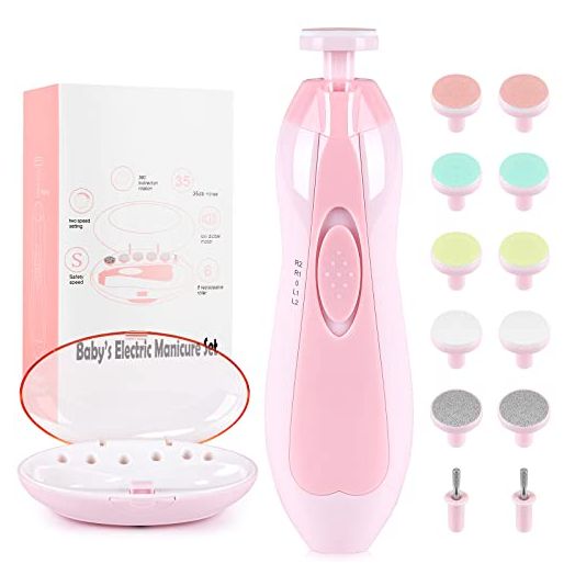 Qunlions life Electric Nail File Drill for Baby No Sharp Claws Hurt,12 in 1 Safety Cutter Trimmer Clipper for Toes and Fingers (Pink 12 in 1)