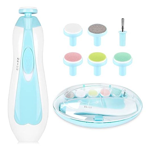 Electric Nail File Drill for Baby No Sharp Claws Hurt, 6 in 1 Safety Cutter Trimmer Clipper for Toes and Fingers (Blue)