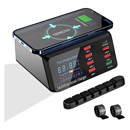 USB Charger Hub ASOMETECH 100W 8-Port Desktop Multiple USB Charging Station with PD Port, Quick Charge 3.0 USB Port, Wireless Charger, LCD Display Fast USB C Charger for iPhone 12, Tablet and More