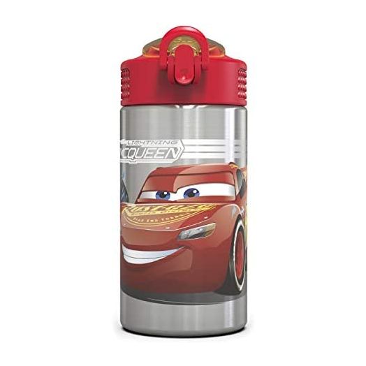 Zak Designs Disney Cars 3 - Stainless Steel Water Bottle with One Hand Operation Action Lid and Built-in Carrying Loop, Kids Water Bottle with Straw Spout is Perfect for Kids (15.5 oz, 18/8, BPA-Free)