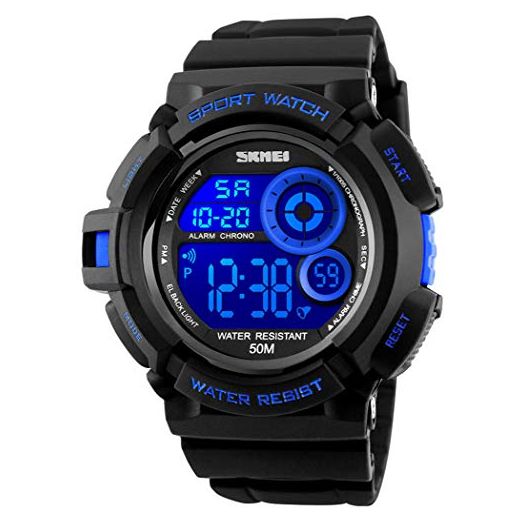 FANMIS Mens Boys Sports Multifunction Waterproof Digital Watch Military 12/24H Electronic Alarm Stopwatch 7 Color Backlight 164FT Water Resistant Calendar Black Rubber Strap Watch Blue