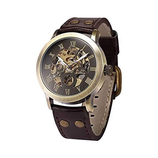Full time 24 Mechanical Vintage Bronze Case Automatic Mechanical Skeleton Brown Leather Band Men's Sport Watch