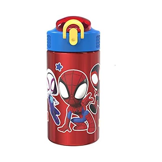 Zak Designs Marvel Spider-Man 18/8 Single Wall Stainless Steel Kids Water Bottle, Flip Straw Locking Spout Cover