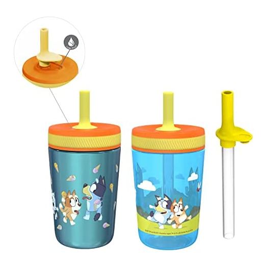 Zak Designs Bluey Kelso Tumbler 3pc Set, Leak-Proof Screw-On Lid with Straw, Bundle for Kids Includes Plastic and Stainless Steel Cups with Additional Sipper