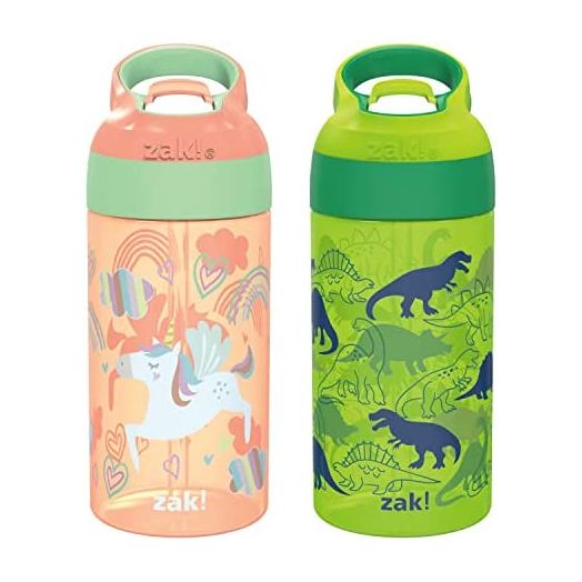 Zak Designs 16oz Riverside Kids Water Bottle with Spout Cover and Built-in Carrying Loop, Made of Durable Plastic, Leak-Proof Water Bottle Design for Travel (Unicorn & Dino Camo, Pack of 2)