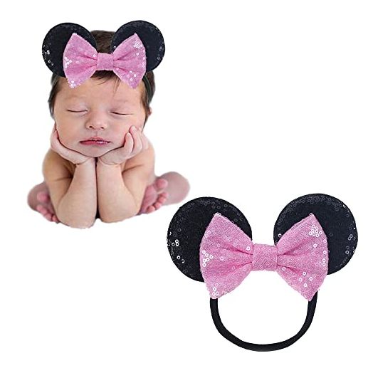 JIAHANG Mouse Ear Nylon Headband with Sequin Bow, Soft Elastic Hair Bow Hair Band, Costume Headwear for Baby Girls Newborn Infant Toddlers, kids, Gilrs Party Supplies