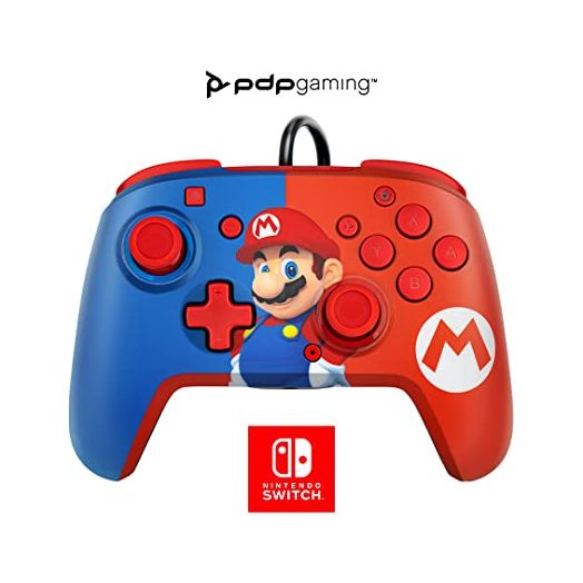 PDP Gaming Faceoff Deluxe+ Wired Switch Pro Controller - Officially Licensed by Nintendo - Customizable gamepad buttons, sticks, triggers, and paddles - Ergonomic Controllers - Red/Blue Mario Design