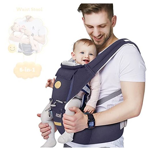 Baby - Carrier, 6-in-1 Baby Carrier with Waist Stool-, FRUITEAM Baby Carrier with Hip Seat for Breastfeeding, One Size Fits All - Adapt to Newborn, Infant & Toddler (Navy)
