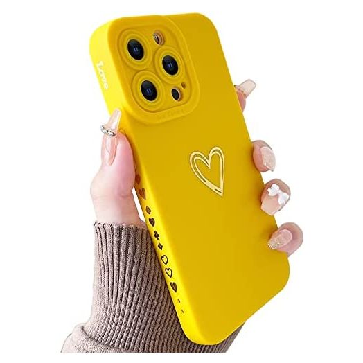 Yeddabox Compatible with iPhone 13 Pro Case for Women, Bronzing Luxury Heart Phone Case Cute Side Pattern Soft TPU Shockproof Full Camera Lens Protective Cover for iPhone 13 Pro 6.1 Inch - Yellow