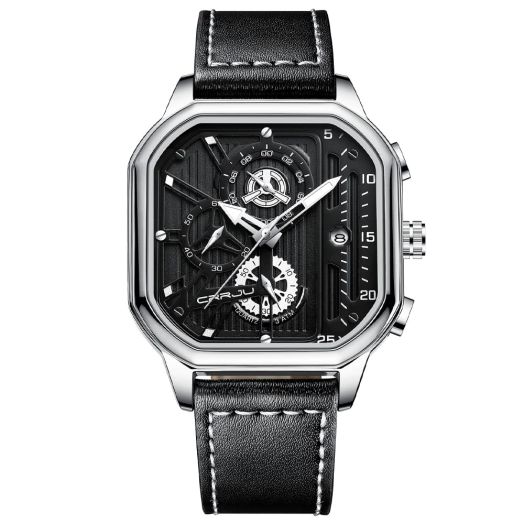 CUENA Men Watch Waterproof Chronograph Fashion Business Wristwatch Quartz Analog Black Leather Strap Man Wrist Watch