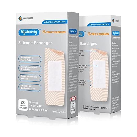 Silicone Adhesive Bandages for Sensitive Thin Skin 1.63''x4'' Extra Large Bandaids - 40 Counts(Packs of 2) - Easy Off Truly Painless Removal for Kids and Elderly