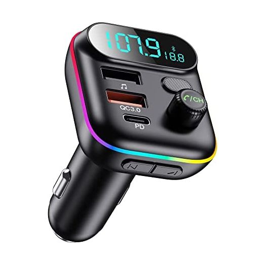 Bluetooth Adapter for Car, Wireless FM Radio Transmitter, Wireless Bluetooth 5.0, MP3 Music Player, QC3.0 + PD 20W USB Car Charger, 7 Colors LED Backlit