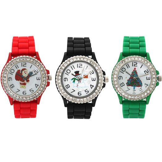 Silicone Holiday Geneva Boyfriend Watch with White Dial 3 Pack with Santa, XMas Tree, and Snowman