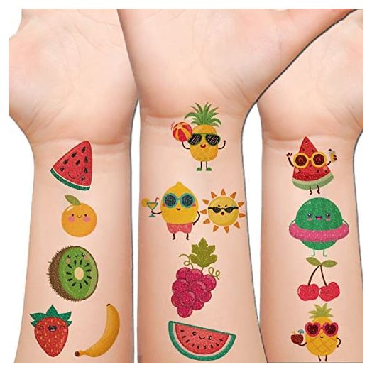 Hohamn Glitter Fruit Temporary Tattoos for Kids, 100+ Cartoon Fruit Summer Tattoos for Girls Boys
