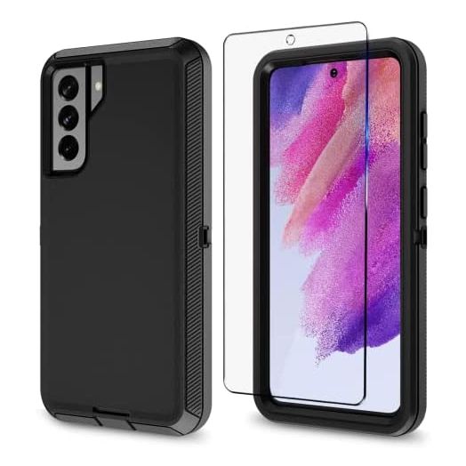 MMY Case for Samsung Galaxy S21 FE Case + Tempered Glass Screen Protector Heavy Duty Shockproof Drop Dust Proof 3 in 1 Defender Black