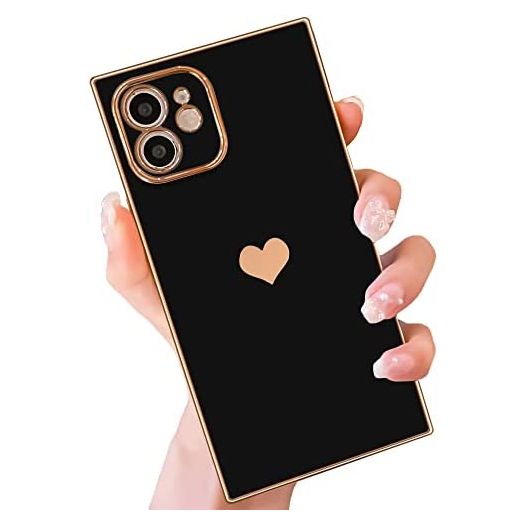 MTBacon Compatible with iPhone 12 Square Case, Cute Love Heart Case for Women Girls Camera Lens Protection Electroplate Reinforced Corners Shockproof Case for iPhone 12 (Black)