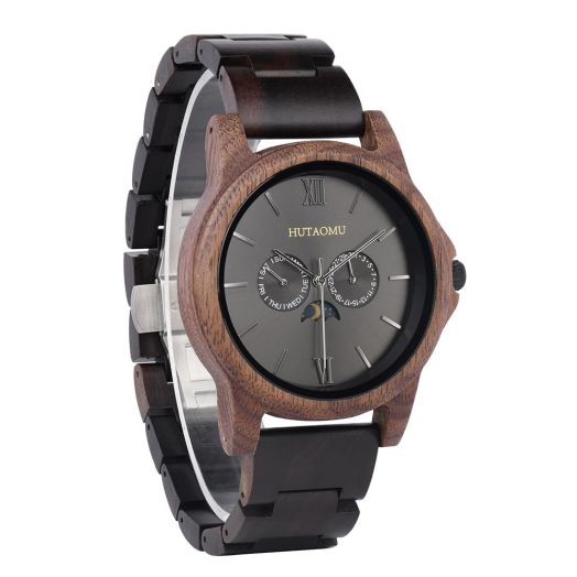 HUTAOMU Wooden Watch Mens with Moon Phase,Day&Date,Natural Ebony Band,Japanese Quartz Movement,Analog Sports Wrist Watches,Thanksgiving Gifts
