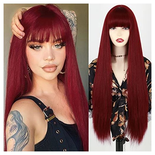 MISSQUEEN Long Red Wig with Bangs, Straight Heat Resistant Synthetic Wig