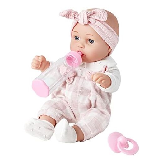 12'' Baby Doll in Gift Box with Pink Cloths, Pacifier, 13''x13'' Microfabric Blanket, and Feeding Bottle. Gift Idea for Ages 3+