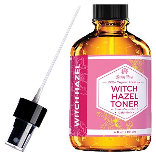 Witch Hazel Toner by Leven Rose, 100% Pure Organic Facial Rose Water with Rose Petals, Calendula, Cucumber, and Chamomile Flower 4 oz