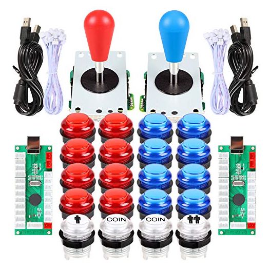 EG STARTS 2 Player Arcade Games DIY Kit Parts 2 Ellipse Oval Joystick Handles + 20 LED lit Arcade Buttons (Red & Blue Kit)