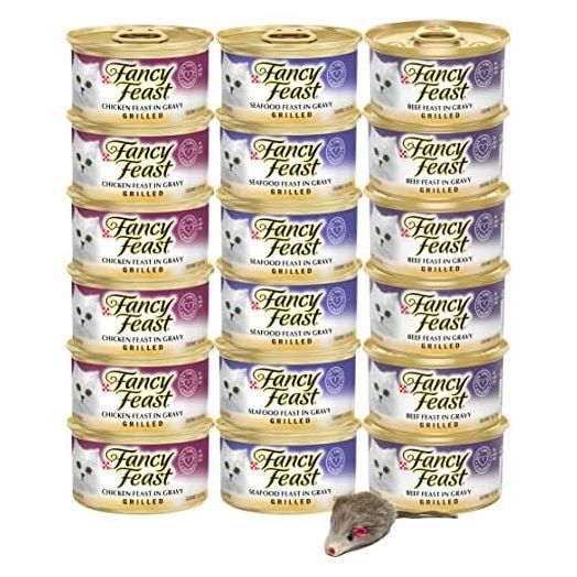 Fancy Feast Gravy Grilled Wet Cat Food Variety Packs Include Chicken, Seafood, & Beef Feast in Gravy Adult Bundle Collection Gluten-Free Protein (Pack of 18)