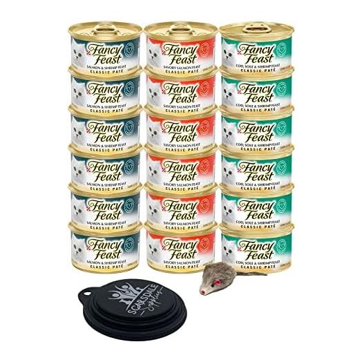 Fancy Feast Classic Pate Gourmet Cat Food Variety Pack Include 1 Mouse Toy, 6 Salmon & Shrimp Feast, 6 Savory Salmon Feast, and 6 Cod, Sole & Shrimp Feast 3 Oz (Pack of 18)