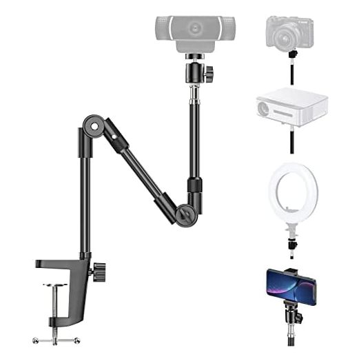 Webcam Stand Camera Mount with Phone Holder, KDD 25 Inch Foldable Flexible Gooseneck Cell Phone Clamp & Table Projector Mount, for Logitech C922 C930e C920S C920 C615 C960 Brio 4K, Gopro Hero 8 7 6 5